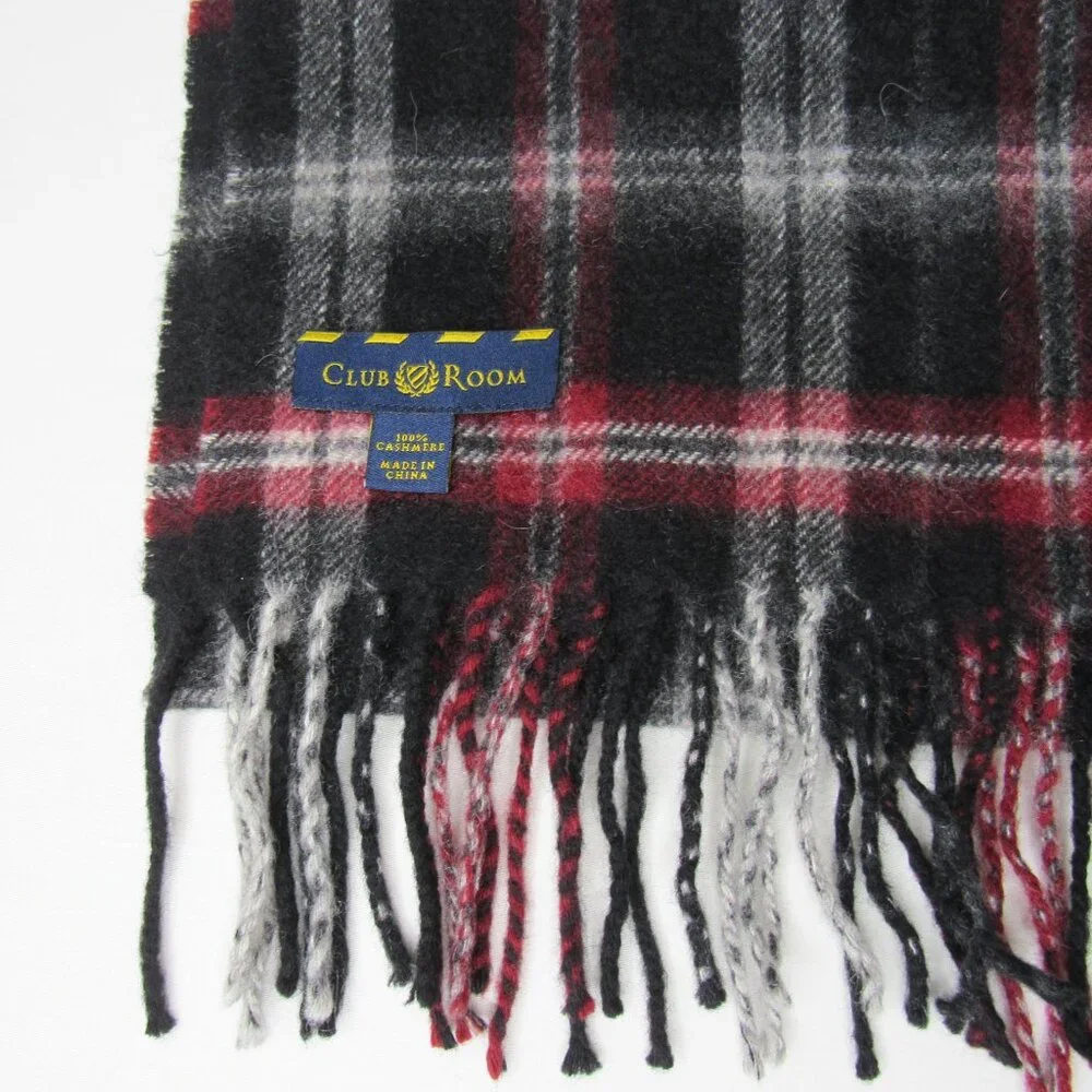 Club Room Black Red Check 100% Cashmere Scarf Fringe End